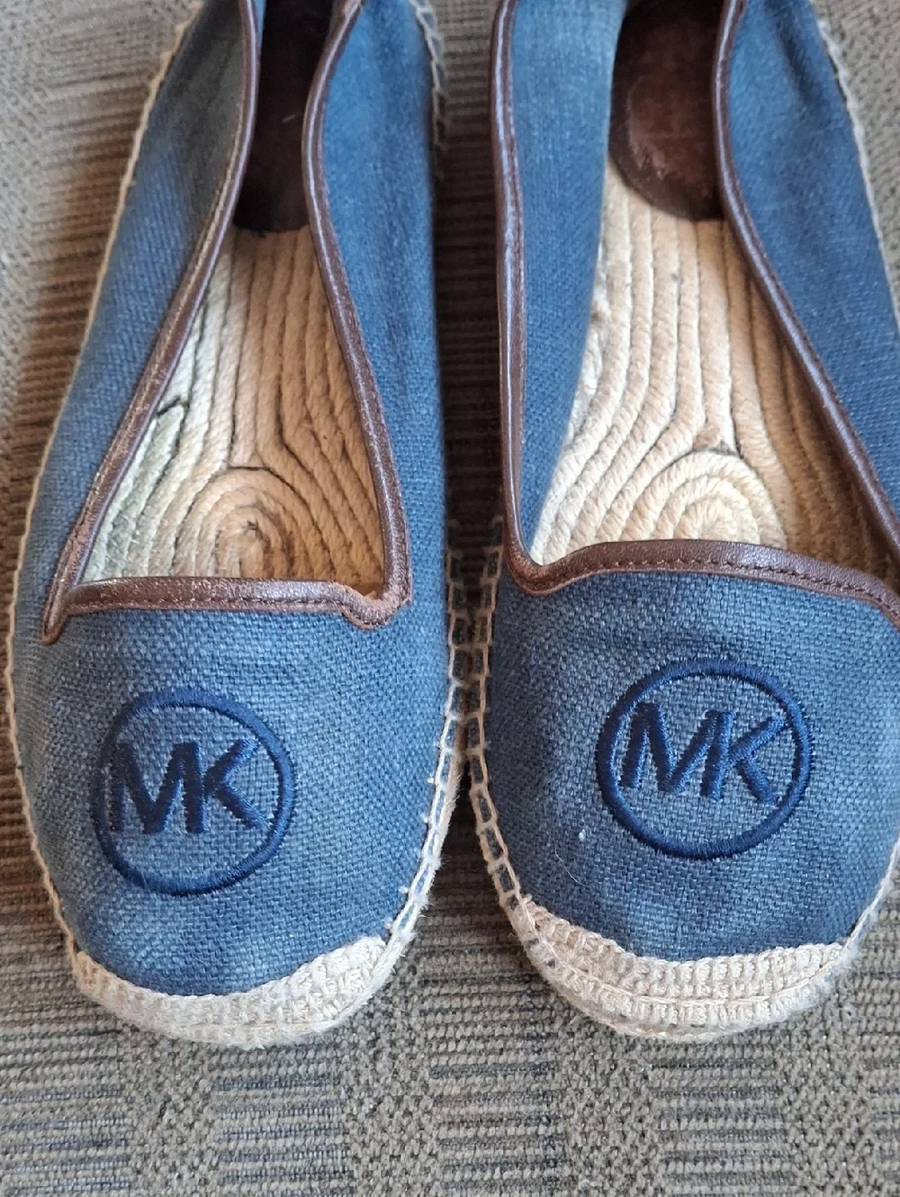 Michael Kors Navy Canvas Espadrille Flats with Brown Trim